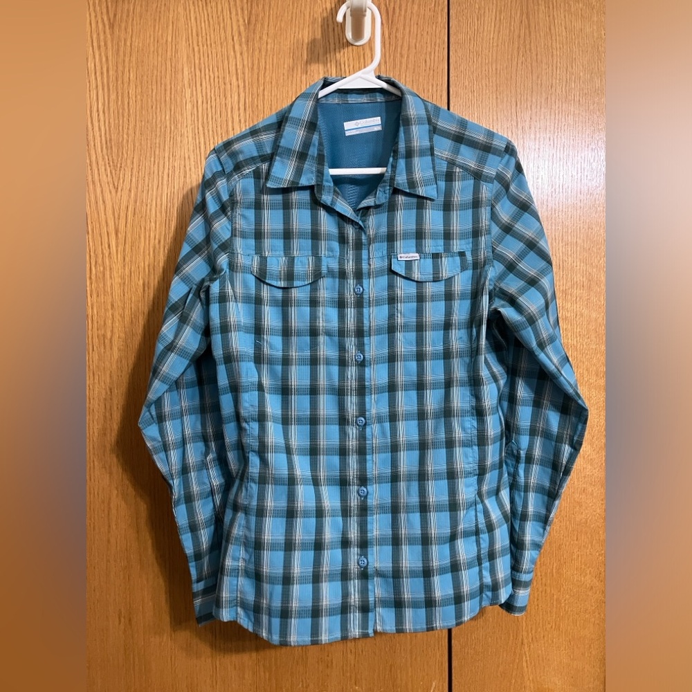 Columbia Silver Ridge Lite Omni-Shade Women’s Blue-Green Plaid Shirt Size Medium